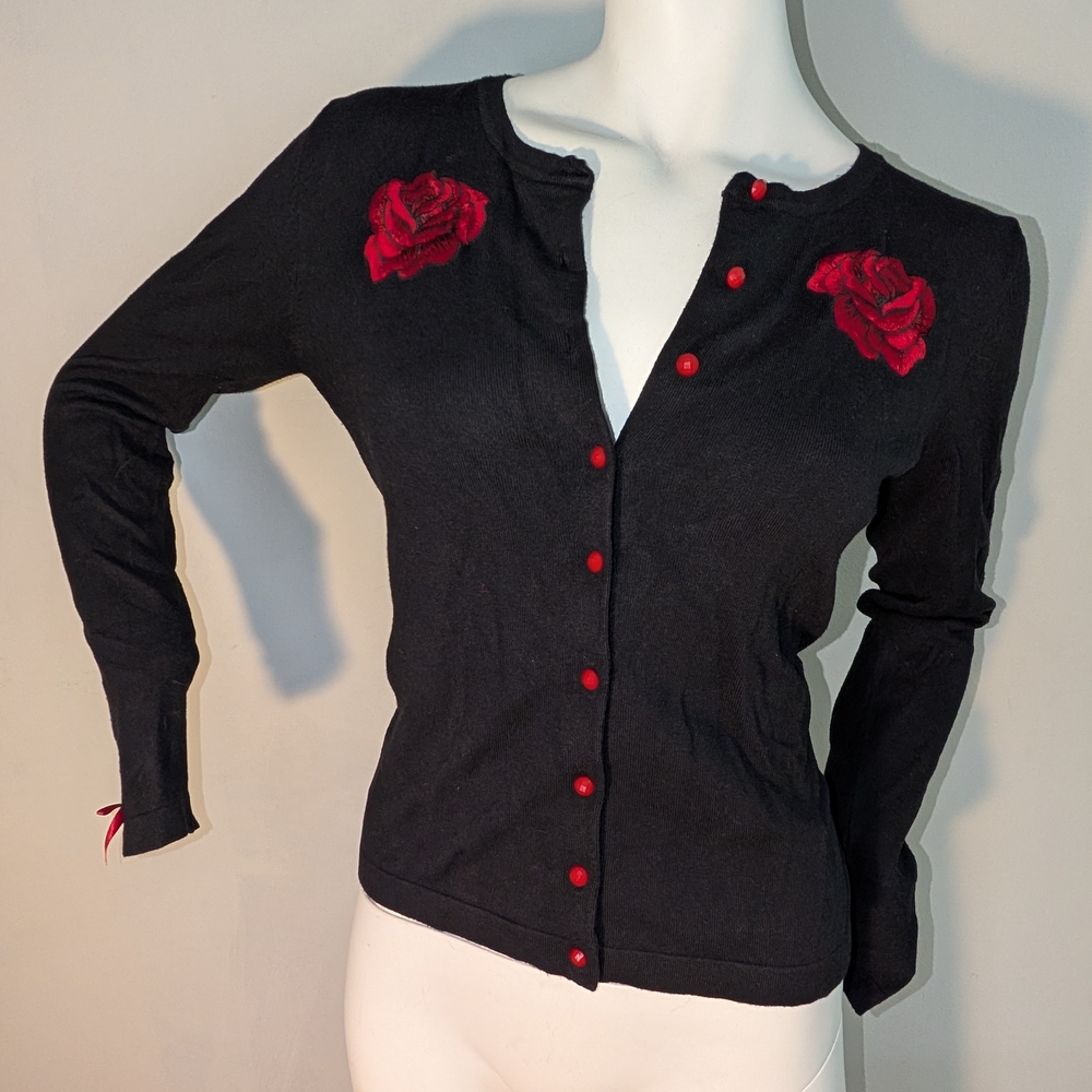 Sourpuss Black Cardigan with Red Rose Details